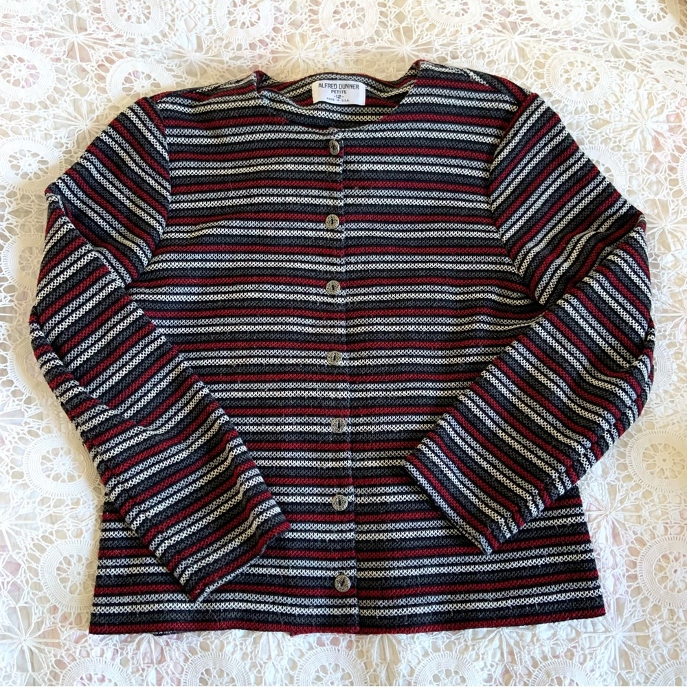 Alfred Dunner striped red black and gray cardigan sweater